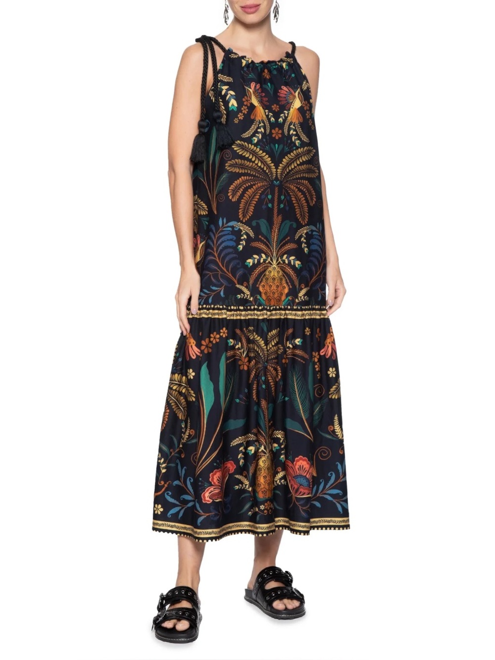 EUC Farm Rio Brazil Tropical Black Halter Maxi Dress size small-large